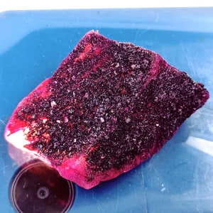 May include: A vibrant, irregularly shaped, deep magenta-colored stone with a dark, granular surface. The stone has a rough texture and is set against a blue background. The image is taken from a top-down perspective, highlighting the stone's unique form.