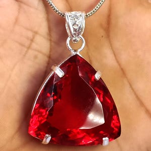 Natural Red Ruby Pendant, 100.50 Ct Trillion Cut, 925 Silver Plated Pendant with Free Chain, EGL Certified Gemstone 6GNI