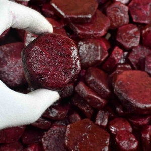 Puede incluir: Primer plano de una gran gema de color rojo oscuro que se sostiene en una mano enguantada. La gema está rodeada de muchas otras gemas más pequeñas de color rojo oscuro.