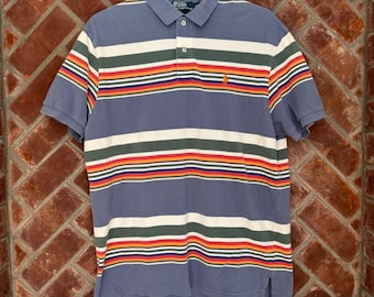 Vtg Polo Ralph Lauren Polo Shirt 90s Men's XL Blue Multi Stripe Short Sleeve