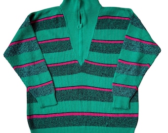 Vtg 80s Gitano Knits Sweater Women Large Green Striped Quarter Zip Mock Neck