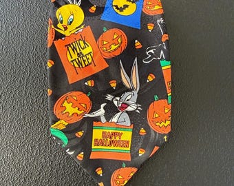 Looney Tunes Necktie Mens OS Black Halloween Bugs Bunny Tweety Vintage 1996