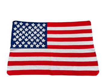 Vtg Handmade Crochet USA Flag Red White Blue 3D Stars Blanket Throw Afghan