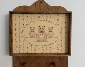 Cat Print Key Wall Holder Organizer Small Brown Wood Folk Art Ruler Decor