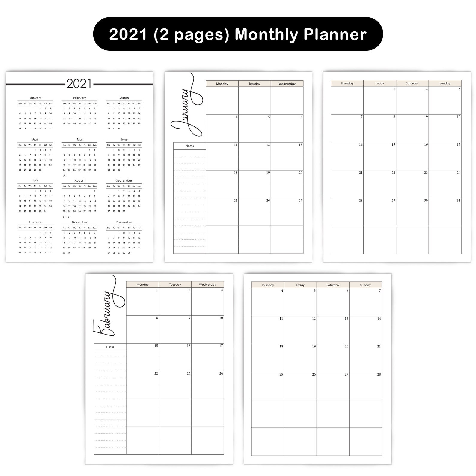 2021 Monthly Planner Printable Pdf 2 Pages Monthly Schedule Etsy