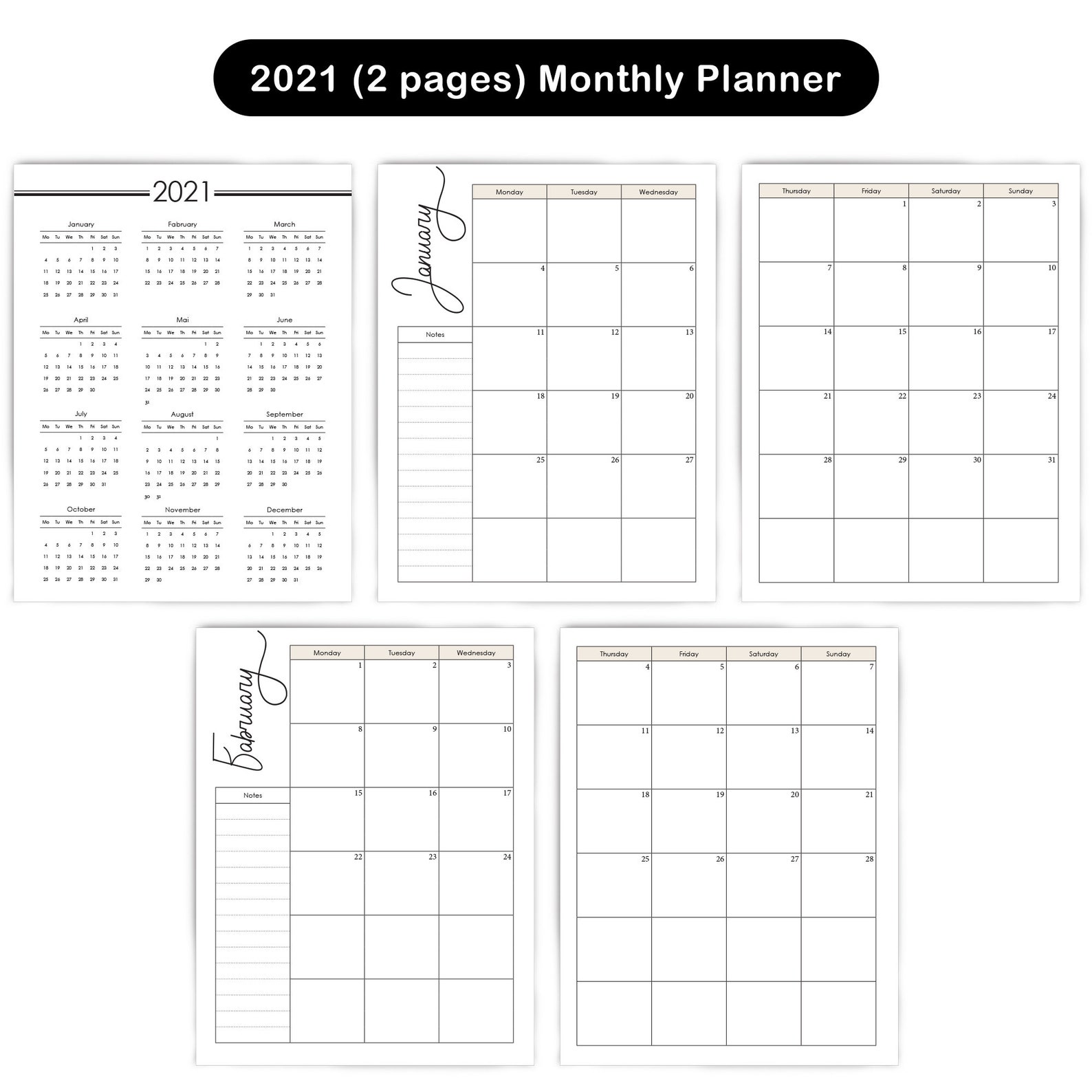 2021 Monthly Planner Printable PDF / 2 Pages Monthly Schedule Etsy