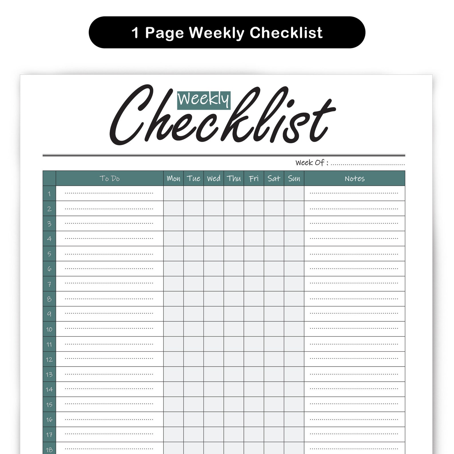 Weekly Checklist Planner Printable / 1 Page Weekly Planners / Etsy