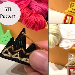 May include: A close-up of a black 3D printed mountain with brown embroidery thread. The mountain is being held by a hand. The image also shows a green 3D printed tree, a yellow 3D printed house with red embroidery thread, and a variety of yarn balls in different colors.