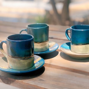 Green, Blue & Gold Cup and Saucer Set | For Espresso, or Turkish/Arabic Coffee | Rustic, Glossy and Metallic Finish | Unique Coffee Set