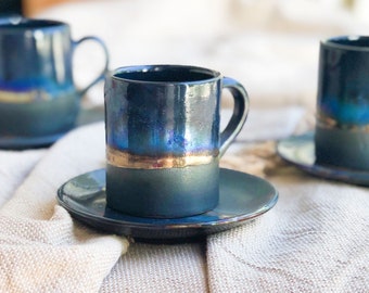 Black 'Turkish Coffee' Cup with with shades of Blue & Gold Metallic Luster Stripe - Artistic Handmade Reduction Firing Pottery/Ceramic Cups