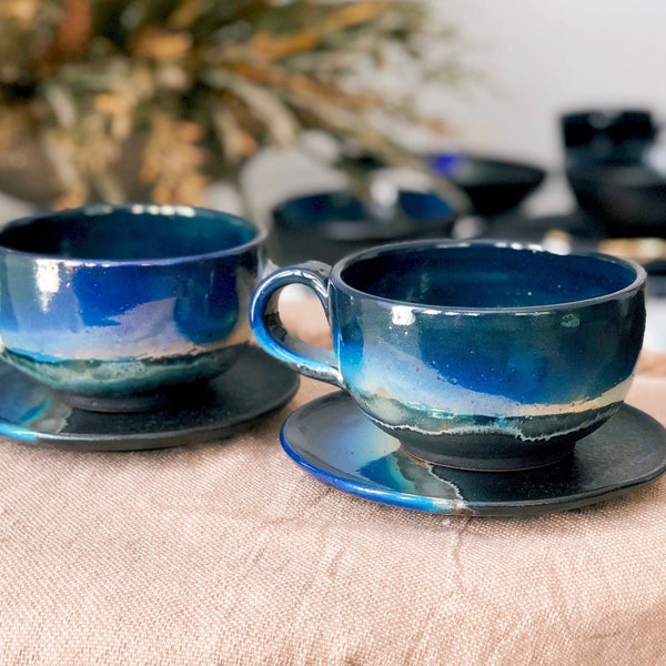 Black Cappuccino Cup with shades of Blue, and Gold Metallic Luster Stripe. - Artistic Handmade Reduction Firing Pottery Cups