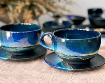 Black Cappuccino Cup with shades of Blue, and Gold Metallic Luster Stripe. - Artistic Handmade Reduction Firing Pottery Cups