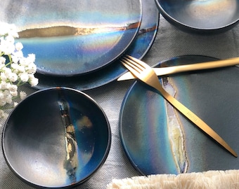 Black Dinner Set with shades of Blue, and Gold Metallic Luster Stripe - 3-piece Artistic Handmade Reduction Firing Pottery Dinnerware