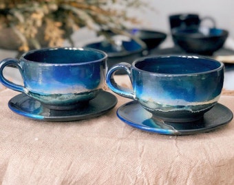 Black Cappuccino Cup with shades of Blue, and Gold Metallic Luster Stripe. - Artistic Handmade Reduction Firing Pottery Cups