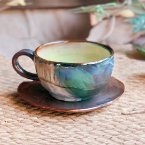 Artistic Cup & Saucer Set | for Cappuccino, Latte, Coffee, or Tea | featuring Multi-Color Abstract Art Design and Metallic Highlights