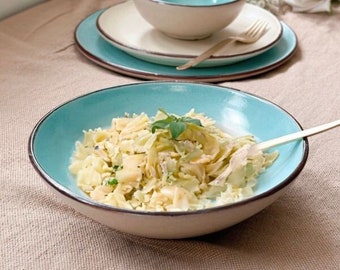 Aqua Blue Pasta Bowls Set | with Brown Rim and Off-White Underside | Artisanal Dinner Set