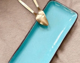 Aqua Blue Platter | For Appetizers or Sushi | with Brown Rim and Off-White Underside | Ceramic Rectangular Plate