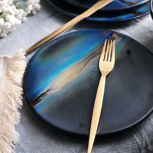 Black Salad/Dessert Plate with shades of Blue & Gold Metallic Luster Stripe - Artistic Handmade Reduction Firing Ceramic/Pottery Dinnerware