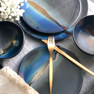 Black & Gold Dinner Set | with Blue Gradient, and Gold Metallic Luster Stripe | Artisanal Handmade Crockery Unique Dinnerware Artisan-Made