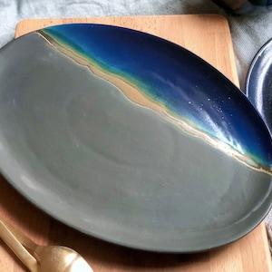 Black Serving Platter with shades of Blue, and Gold Metallic Luster Stripe - Artistic Handmade Reduction Firing Ceramic Serveware