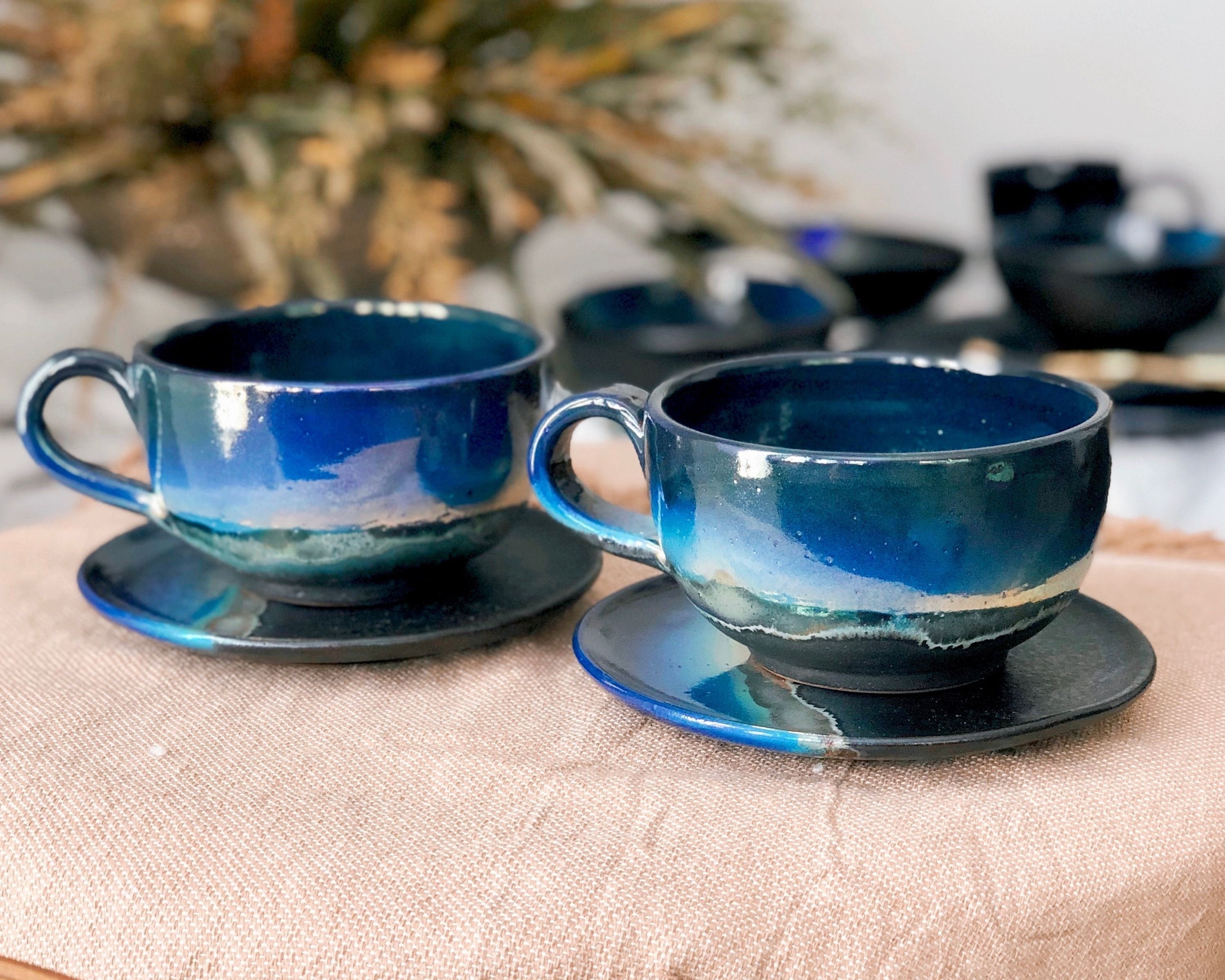 Black Cappuccino Cup With Shades of Blue, and Gold Metallic Luster Stripe.  Artistic Handmade Reduction Firing Pottery Cups 