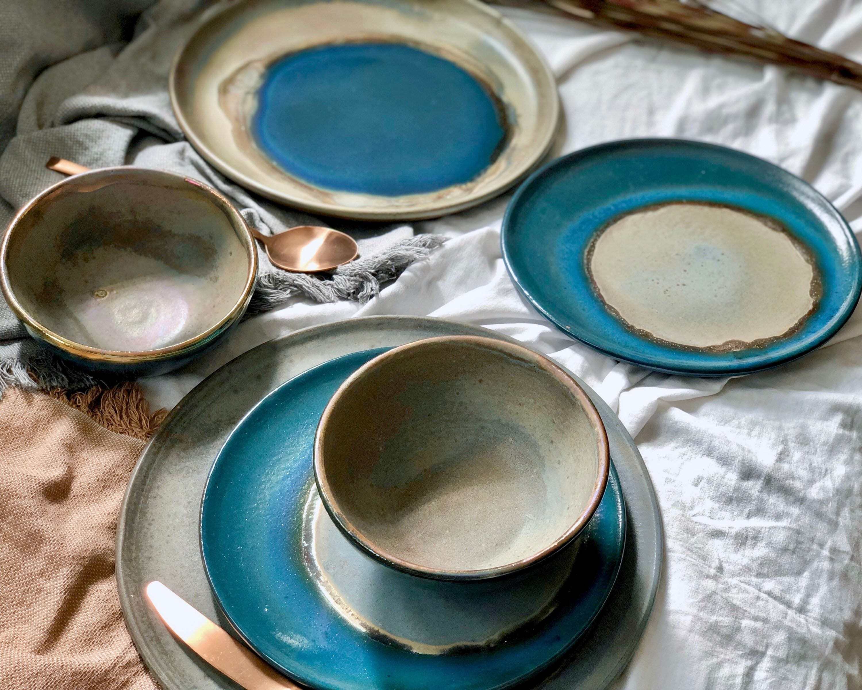 Blue, Green & Gold Plates and Bowls Dinner Set | Glossy