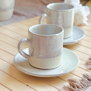Artisanal Ceramic Coffee Cup Set: Pearly Iridescent Finish