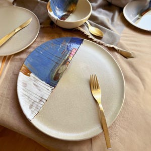 Beige Medium Plate Set | with Abstract Art Design & Metallic Stripe | For Salads, or Desserts | Artisan-made Handmade Dinner Set