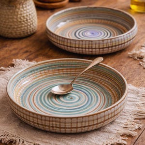 Könnte beinhalten: Zwei Keramikschalen mit einem Spiralmuster in Blau-, Orange- und Brauntönen. In einer Schale liegt ein silberner Löffel, der auf einem beigefarbenen Leinentuch liegt. Die Schalen haben ein strukturiertes, gitterartiges Muster am Rand.