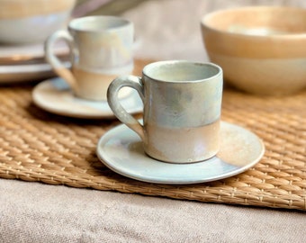 Beige & Cream Cup and Saucer Set | For Turkish, Arabic Coffee, or Espresso | with Rustic and Pearly iridescent luster finish | Artisanal Cup