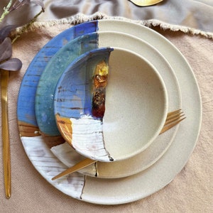 Beige Dinner Set | with Pastel Abstract Art & Metallic Stripe | 3-piece Artisanal Handmade Pottety/Ceramic Dinnerware | Artisan-made