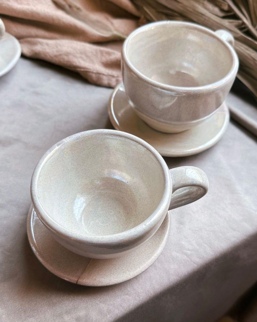 Beige Cup & Saucer Set | Cream, Pearly Iridescent and Rustic