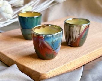 Artistic Espresso Cup Set | with Multi-Colored Glazing & Metallic Highlights | Abstract Art Handmade Ceramic Pottery Coffee Cup Set