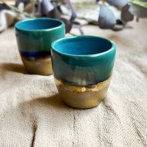 Peacock Blue/Teal Coffee/Espresso Handleless Cup/Mug with with Rustic green, and Gold Metallic Stripe - Artistic Handmade Cup Set