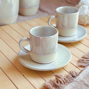 Handmade Ceramic Turkish Coffee Cup & Saucer Set: Pearly Iridescent Glaze