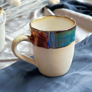 Beige Artistic Coffee Mug with Multi-Color Abstract Art Rim Metallic Luster Glazing & Highlights Artisanal Handmade Holiday Gift image 8