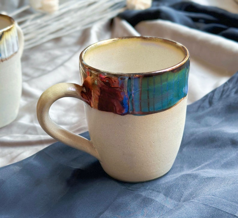 Beige Artistic Coffee Mug with Multi-Color Abstract Art Rim Metallic Luster Glazing & Highlights Artisanal Handmade Holiday Gift image 8