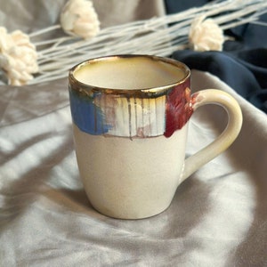Beige Artistic Coffee Mug with Multi-Color Abstract Art Rim Metallic Luster Glazing & Highlights Artisanal Handmade Holiday Gift image 6