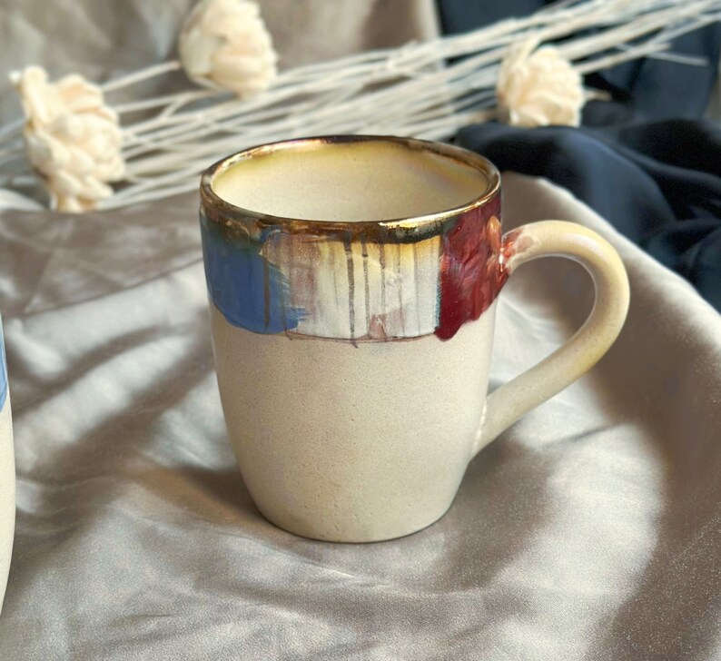 Beige Artistic Coffee Mug with Multi-Color Abstract Art Rim Metallic Luster Glazing & Highlights Artisanal Handmade Holiday Gift image 6