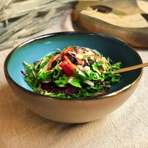 Peacock Blue Serving/Salad Bowl with a Metallic Rim, and Rustic Olive Green Exterior - Artistic Handmade Reduction Firing Ceramic Dinnerware