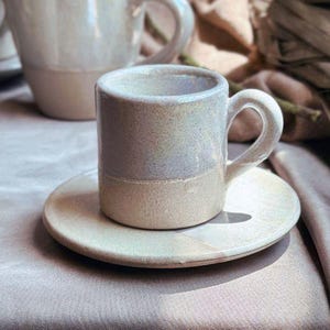 Beige & Cream Cup and Saucer Set | For Turkish, Arabic Coffee, or Espresso | with Rustic and Pearly iridescent luster finish | Artisanal Cup