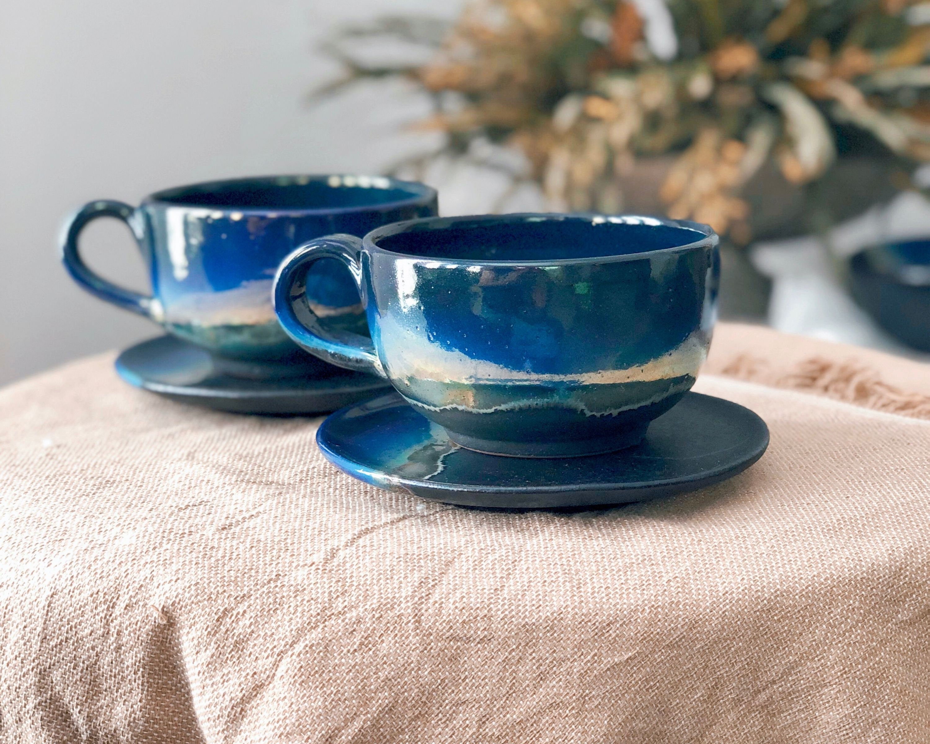 Black Cappuccino Cup With Shades of Blue, and Gold Metallic Luster Stripe.  Artistic Handmade Reduction Firing Pottery Cups 