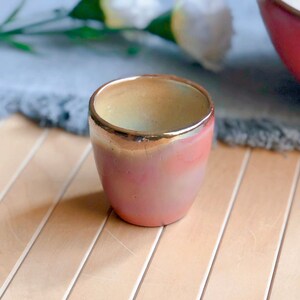 Pink Coffee/Espresso Handleless Cup/Mug with Glossy Glazing and Gold Metallic Rim - Artistic Handmade Reduction Firing Pottery