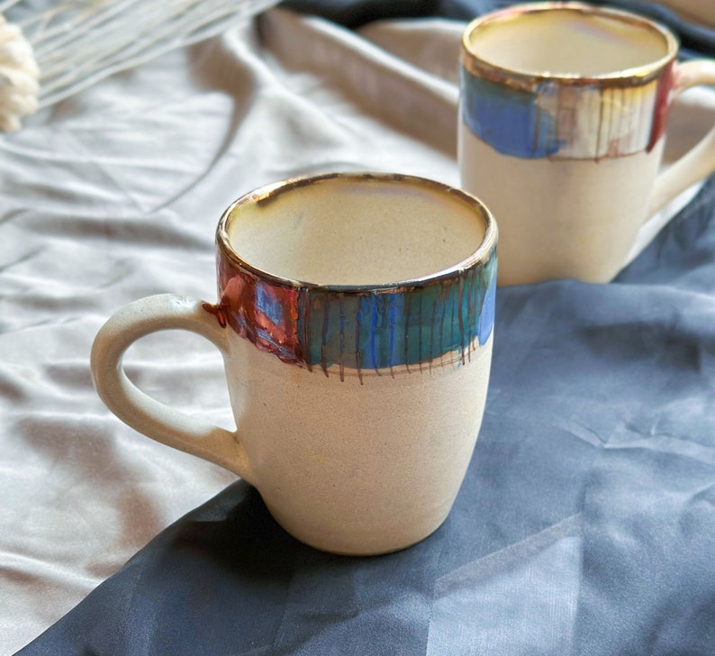 Beige Artistic Coffee Mug with Multi-Color Abstract Art Rim Metallic Luster Glazing & Highlights Artisanal Handmade Holiday Gift image 1