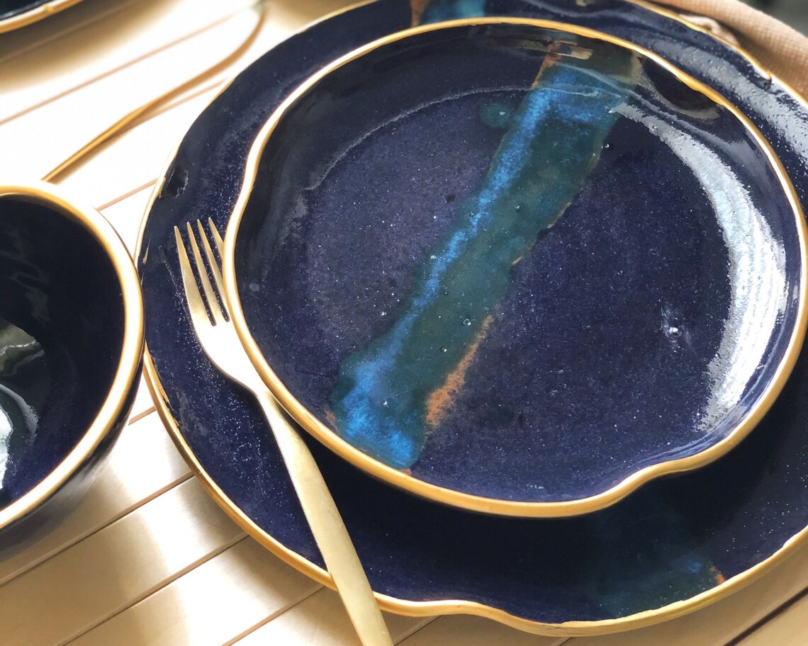 Dark Navy Blue Dinner Set with Gold Rim & Infused Etsy