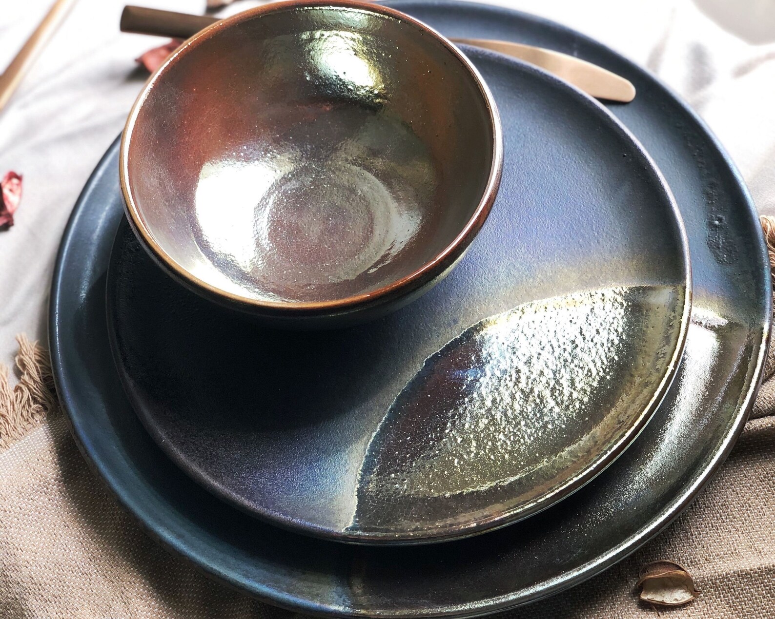 Matt Black Dinner Set with Shimmering Gold/Silver & subtle Etsy