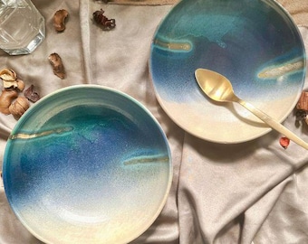 Teal, Blue, and Beige Pasta Bowls Set | Gold Accents | Hand-Glazed Ceramics | Dishwasher & Microwave-Safe