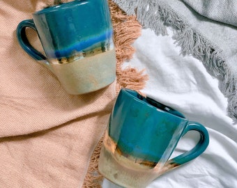 Green, Blue & Gold Mugs | Glossy, Rustic and Metallic Glazing | For Coffee, Latte, Cappuccino, or any Beverage | Artisan-made Mug Set