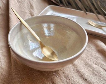 Pearly White & Matte Beige Serving - Salad Bowl | Pearl Iridescent Glaze, Matte Beige Border | Dishwasher and Microwave-Safe