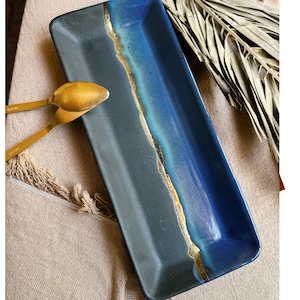 Black Serving Platter with shades of blue and a gold metallic stripe - multi-tone finish - Ceramic Dinnerware Serveware Rectangular Plate